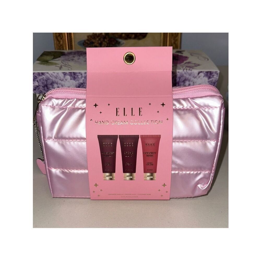 ELLE Hand Cream Collection with a Pink Make Up Cosmetic Case Gift Set